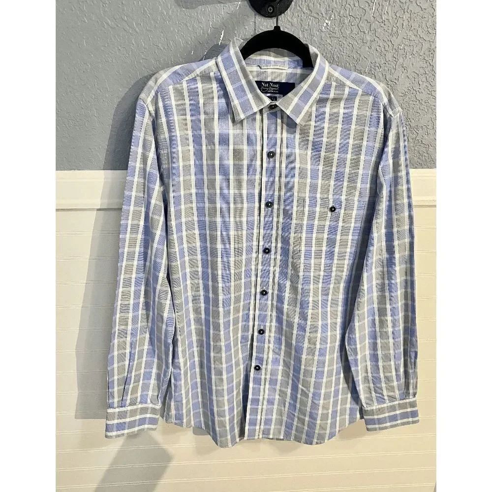 Nat Nast Men’s Plaid Long Sleeve Button-Up Dress Shirt Blue Smoke